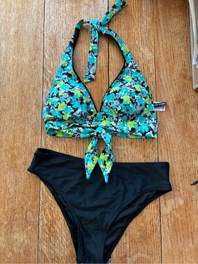 Point Zero Turquoise Lime Floral Halter Bikini Top with Black